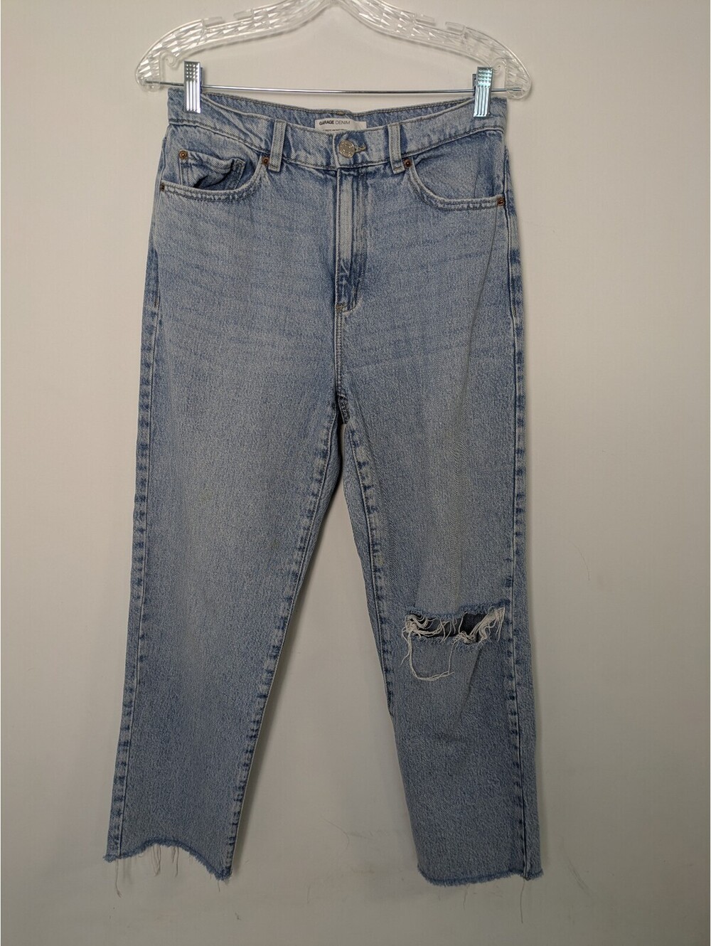 Garage Denim Light Wash Vintage Straight Jeans – High Waist Distressed Hem